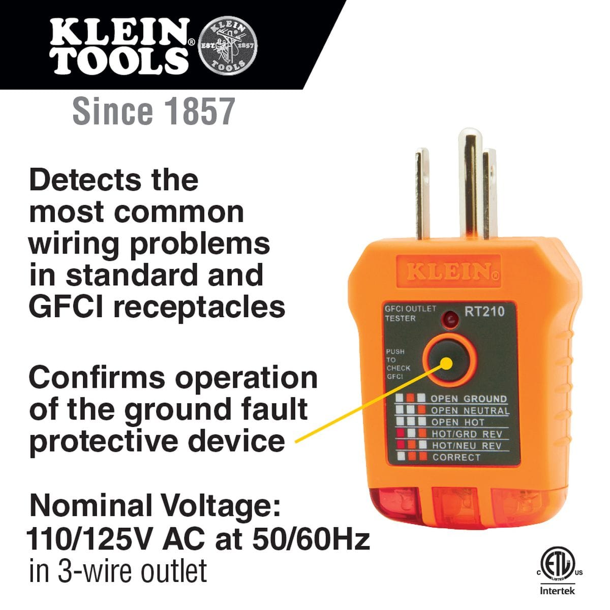 A product feature graphic for the Klein Tools RT210 GFCI outlet tester. The image highlights its ability to detect the most common wiring problems in standard and GFCI receptacles, verify ground fault protective devices, and operate on 110/125V AC 3-wire outlets.