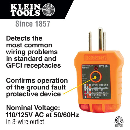 A product feature graphic for the Klein Tools RT210 GFCI outlet tester. The image highlights its ability to detect the most common wiring problems in standard and GFCI receptacles, verify ground fault protective devices, and operate on 110/125V AC 3-wire outlets.
