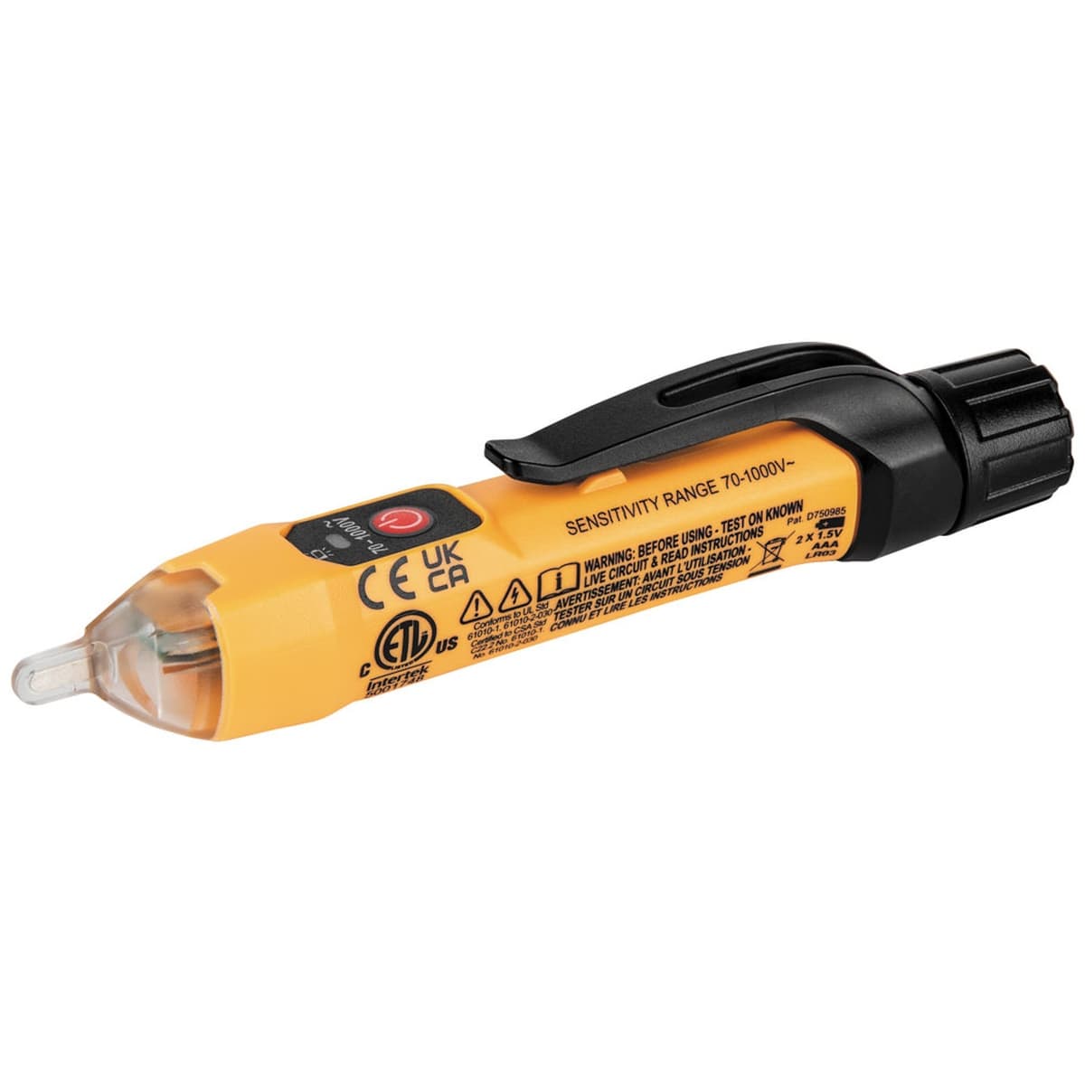 A side profile of the NCVT-1XT volt pen displaying safety certification markings, including CE and UKCA stamps. The image emphasizes the clear sensing tip and the sensitivity range of 70-1000V AC printed on the yellow and black housing.