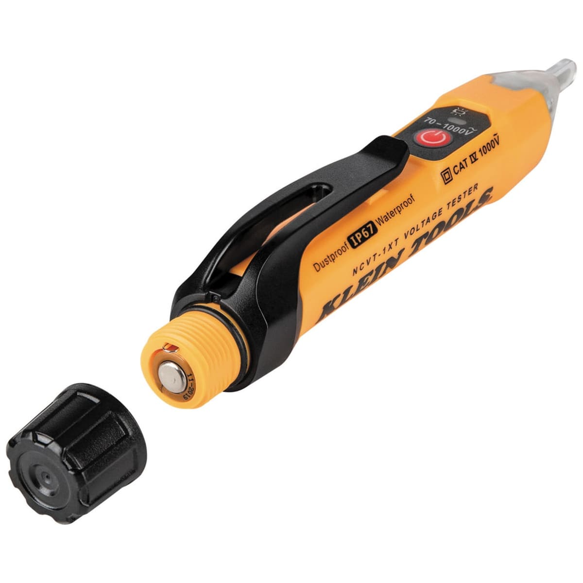 The Klein Tools NCVT-1XT voltage tester shown with its black screw-thread battery cap removed, illustrating the accessible compartment for two AAA batteries and the O-ring seal that provides waterproof and dustproof integrity.