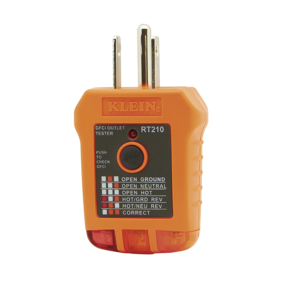 A direct front view of the Klein Tools RT210 GFCI receptacle tester. The tool features a clear diagnostic legend for identifying open ground, open neutral, open hot, and reversed polarity faults, alongside a large black test button for checking GFCI trip functionality.