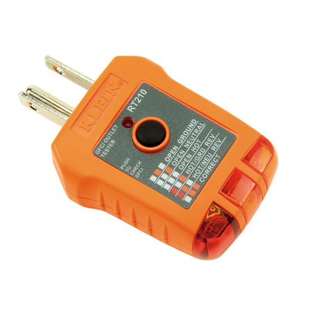 A top-down perspective of the RT210 electrical outlet analyzer. The image highlights the standard 3-prong North American plug and the three high-visibility LED windows at the base that illuminate in specific patterns to indicate wiring conditions.