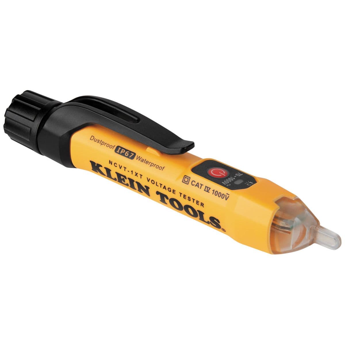 A close-up studio photograph of the yellow and black Klein Tools NCVT1XT non-contact voltage tester pen, displayed at a three-quarter angle showcasing its pocket clip, power button panel, and clear plastic sensor tip against a white background.