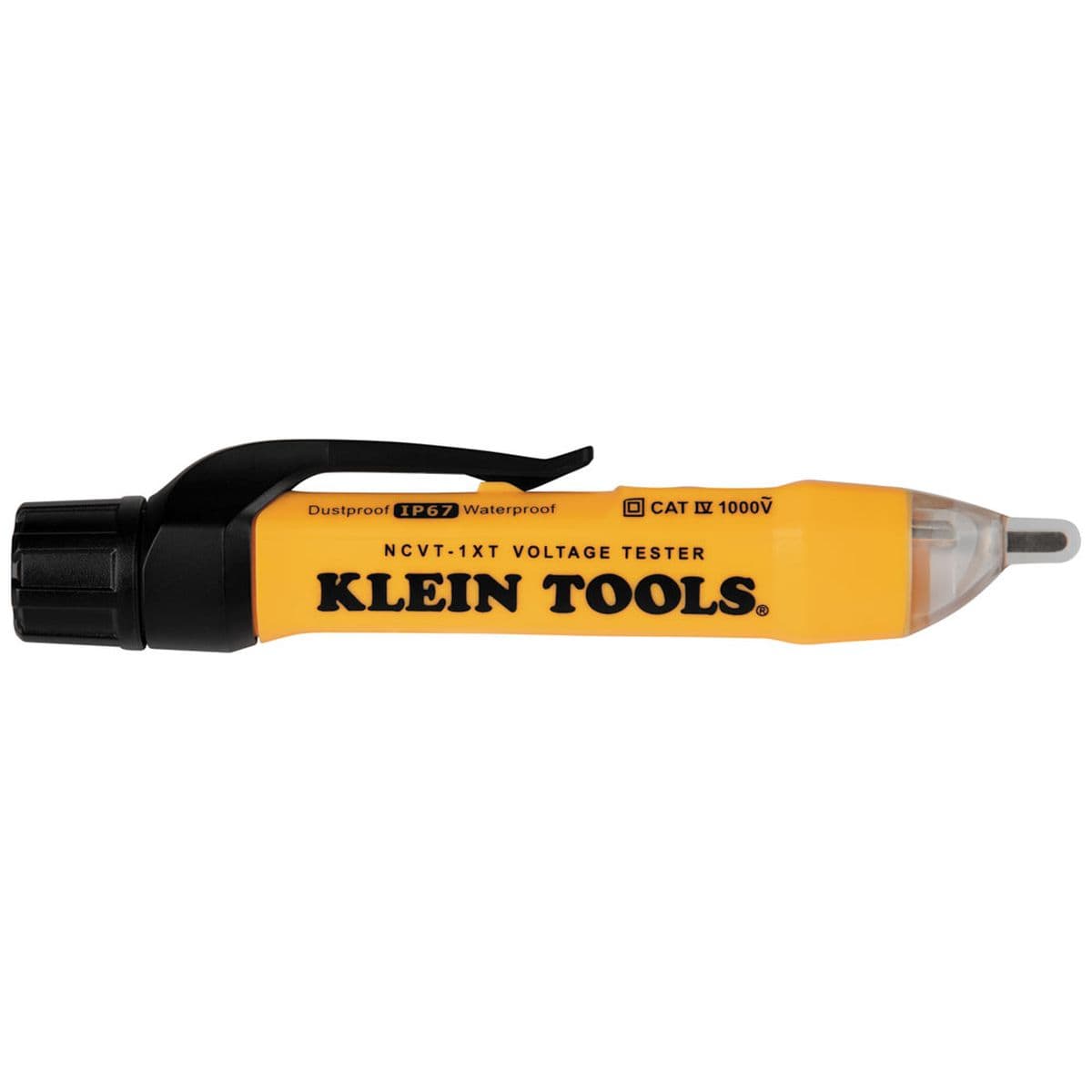 A clean flat-lay side profile view of the yellow Klein Tools NCVT1XT electrical circuit tester, showcasing the uniform layout of the pocket clip, the prominent black company logo, and the clear sensor tip extension.
