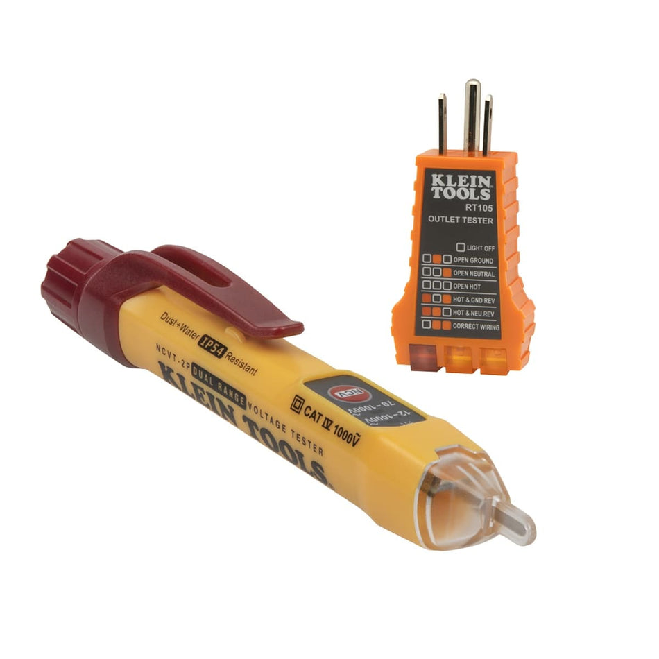 A studio product shot of the Klein Tools NCVT2PKIT electrical test kit, showcasing the NCVT-2P dual-range non-contact voltage tester pen and the RT105 receptacle outlet tester. Both professional-grade diagnostic tools feature high-visibility orange and yellow industrial housings designed for electrical troubleshooting.