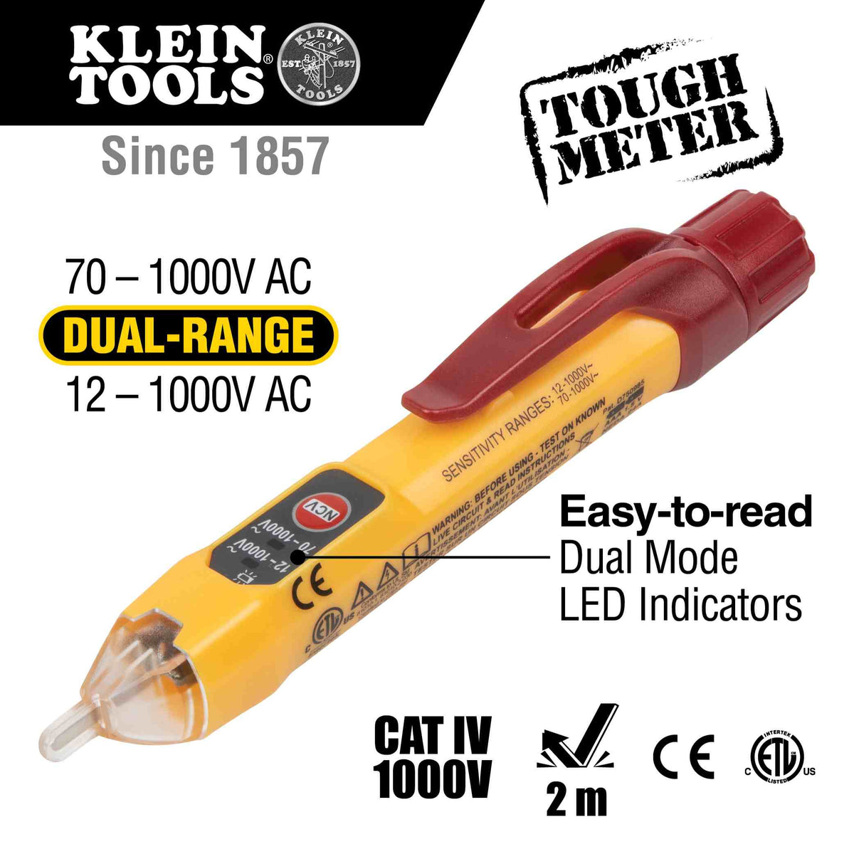 A marketing infographic for the NCVT-2P dual-range voltage tester. Text callouts highlight its ability to detect both 12 to 1000V AC and 70 to 1000V AC, easy-to-read dual-mode LED indicators, a CAT IV 1000V safety rating, and 2-meter drop protection for jobsite durability.