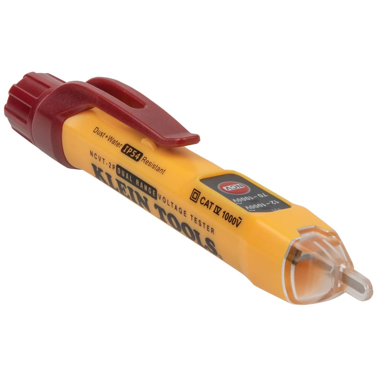 An angled perspective shot of the NCVT-2P non-contact volt pen. The image showcases the sleek, pen-style design with a maroon pocket clip, integrated power button, and a clear sensing tip containing the high-intensity visual LED indicator.