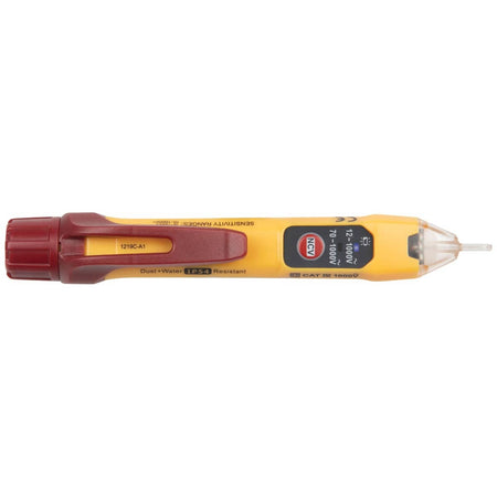 A side profile of the NCVT-2P dual-range electrical tester. The image displays the printed safety certifications, the Klein Tools logo, and the industrial rating specifications on the yellow polymer housing, emphasizing its rugged construction.