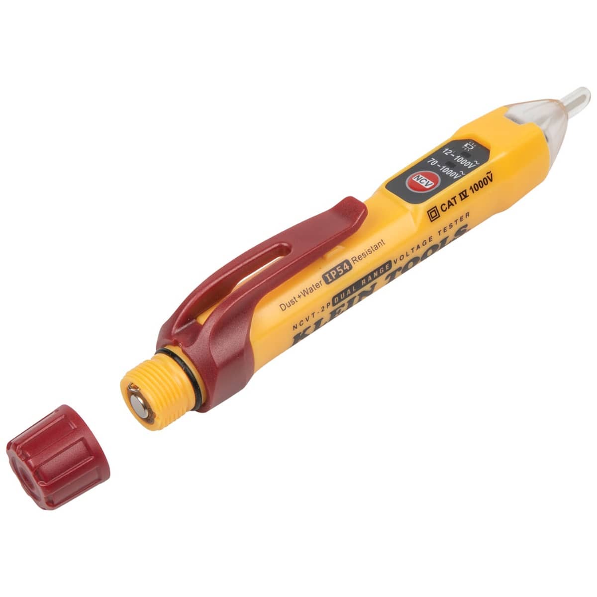 The NCVT-2P voltage tester shown with its maroon screw-thread battery cap removed. This view highlights the internal battery compartment and the protective O-ring seal designed to provide IP54-rated resistance against dust and water ingress.