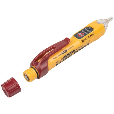 The NCVT-2P voltage tester shown with its maroon screw-thread battery cap removed. This view highlights the internal battery compartment and the protective O-ring seal designed to provide IP54-rated resistance against dust and water ingress.