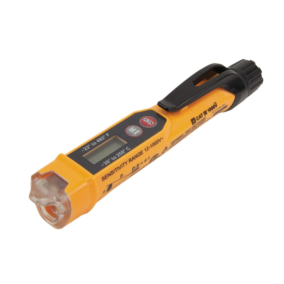 An angled studio shot of the Klein Tools NCVT4IR non-contact voltage tester with integrated infrared thermometer. The high-visibility yellow device features a clear sensing tip, a black pocket clip, a digital LCD screen, and dedicated tactile buttons for IR temperature measurement and NCV voltage detection.