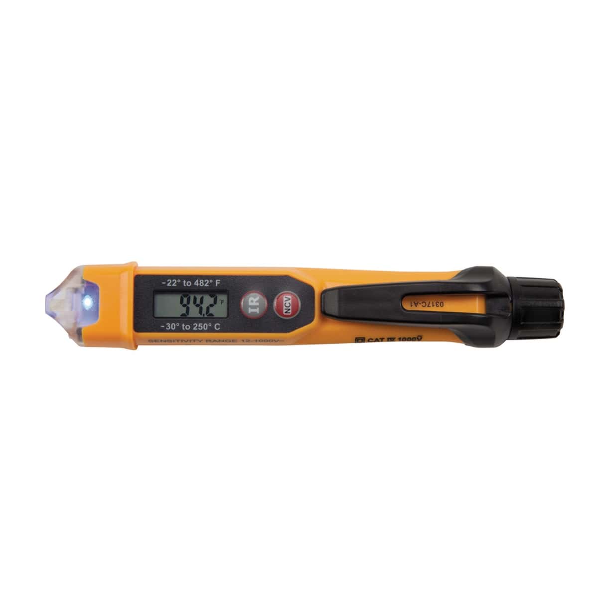 A top-down view of the NCVT4IR with the integrated LED flashlight activated. The backlit digital display shows a temperature reading of 94.2 degrees Fahrenheit, demonstrating the tool's precision and ease of use in low-light environments.