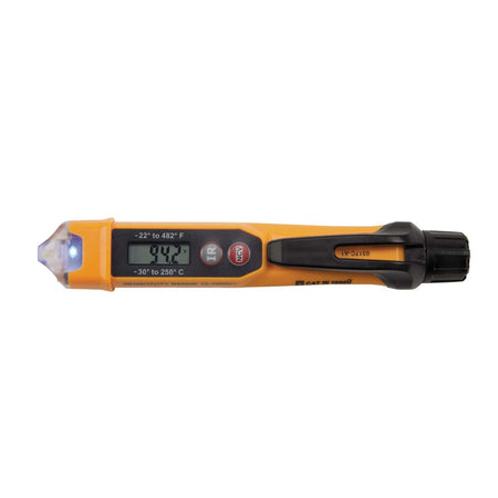 A top-down view of the NCVT4IR with the integrated LED flashlight activated. The backlit digital display shows a temperature reading of 94.2 degrees Fahrenheit, demonstrating the tool's precision and ease of use in low-light environments.