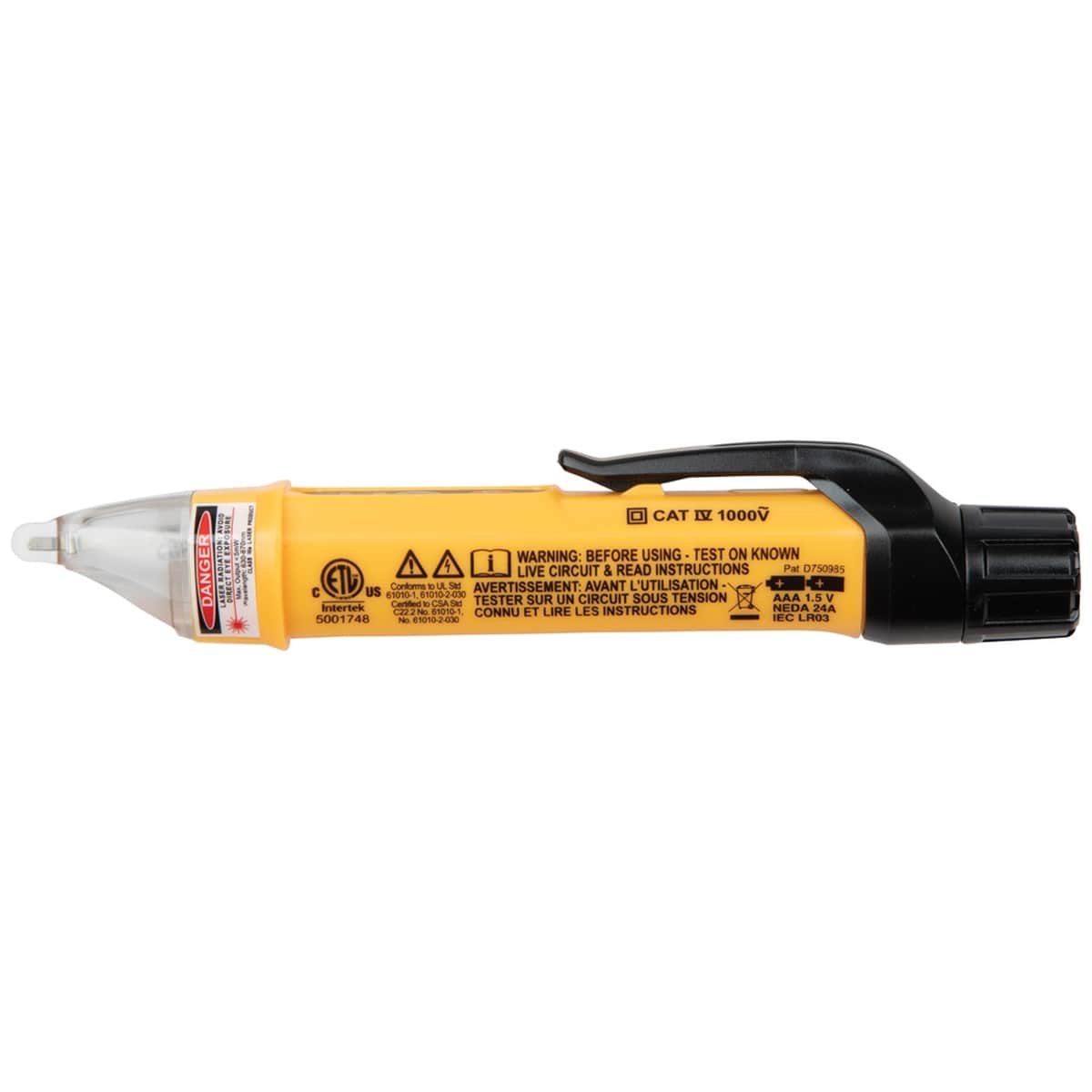 A side profile shot of the NCVT5A volt pen, displaying the industrial warning labels and safety certifications printed on the yellow polymer housing. The clear sensing tip and black end cap illustrate the tool's compact, streamlined design.