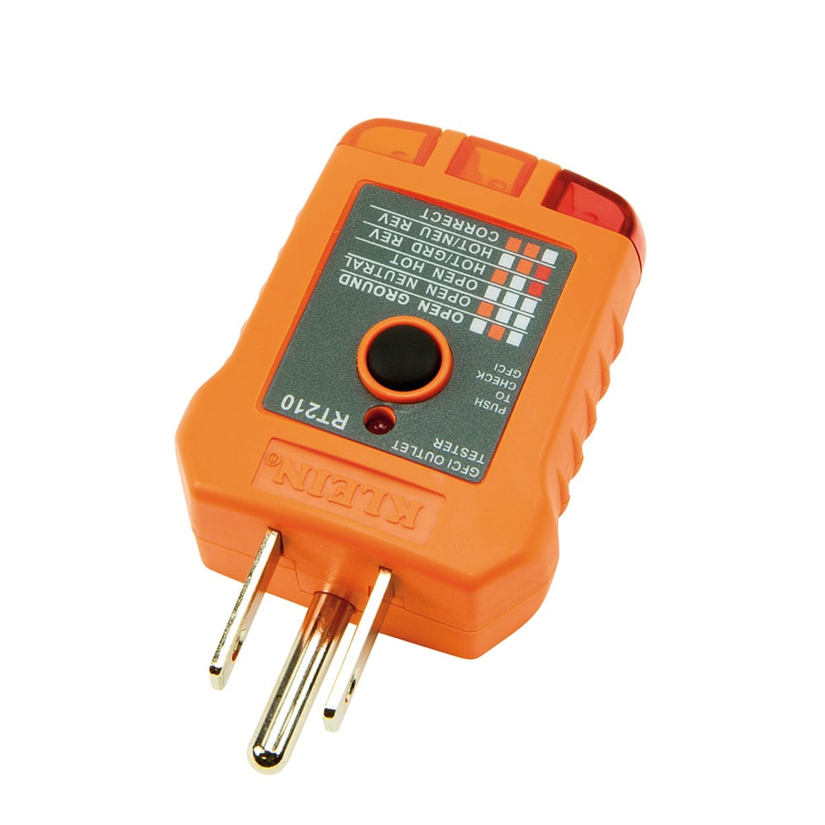 A perspective view of the RT210 GFCI receptacle tester focusing on the 3-prong North American plug. The image highlights the compact, ergonomic design and the high-contrast diagnostic legend printed on the face of the tool for rapid circuit analysis.