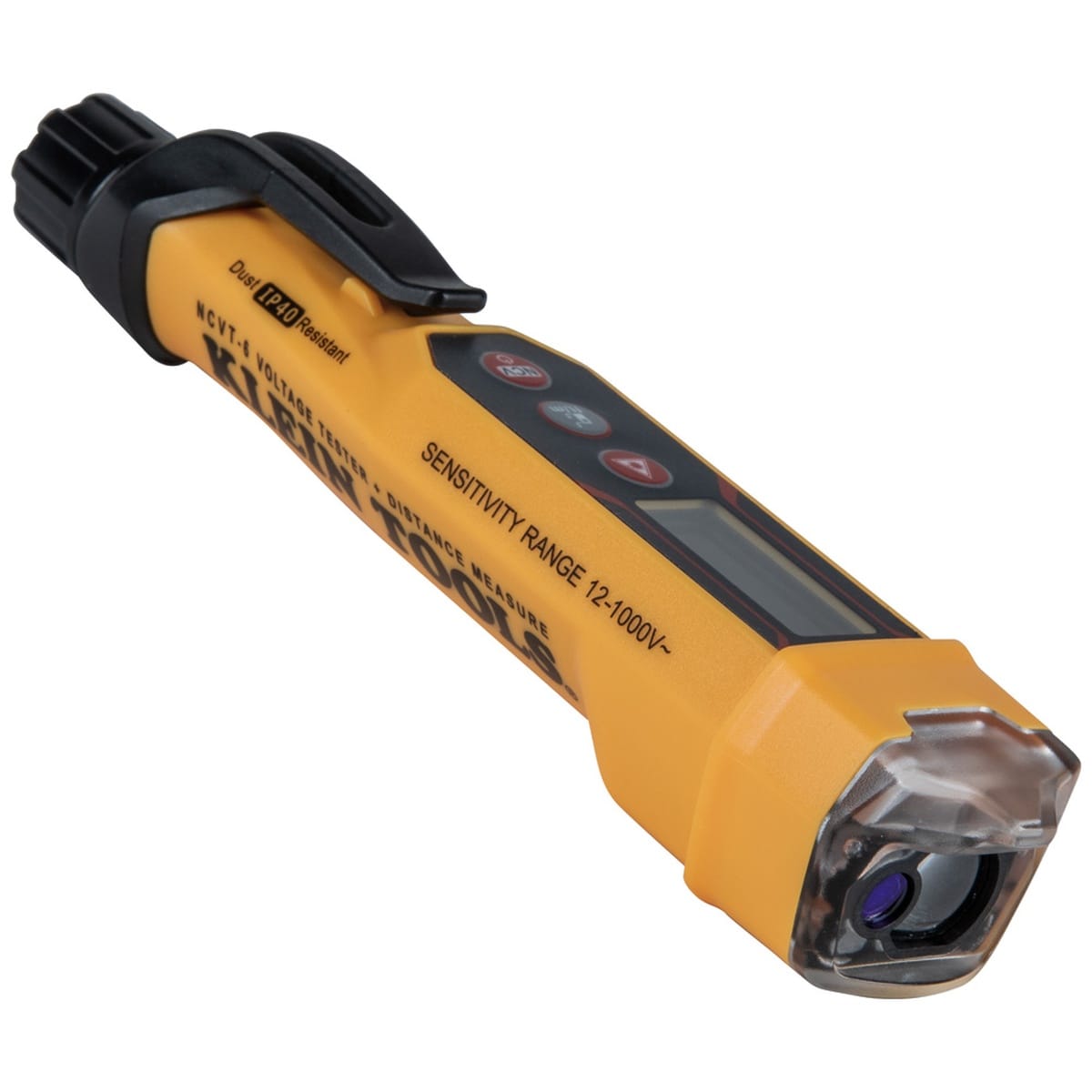 An angled studio shot of the Klein Tools NCVT6 dual-function tester. The device features a high-visibility yellow body with a black pocket clip and a clear sensing tip, prominently displaying the IP40 dust-resistant rating and the 12 to 1000V AC sensitivity range.