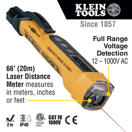 Marketing infographic for the Klein Tools NCVT6 highlighting its dual-purpose design. Text callouts emphasize the full-range voltage detection and the 66-foot laser distance meter that measures in meters, inches, or feet. Technical icons show the 2-meter drop protection, IP40 rating, and CAT IV 1000V safety certification.