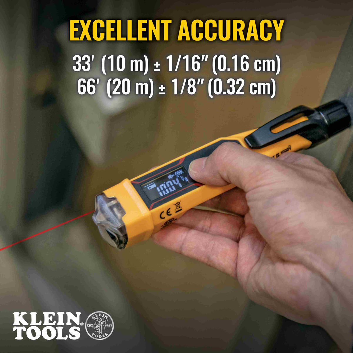Action shot showcasing the precision of the NCVT6 laser distance meter. A technician holds the tool, which projects a red laser beam, while an overlay lists the excellent accuracy specifications of +/- 1/16-inch at 33 feet and +/- 1/8-inch at 66 feet.