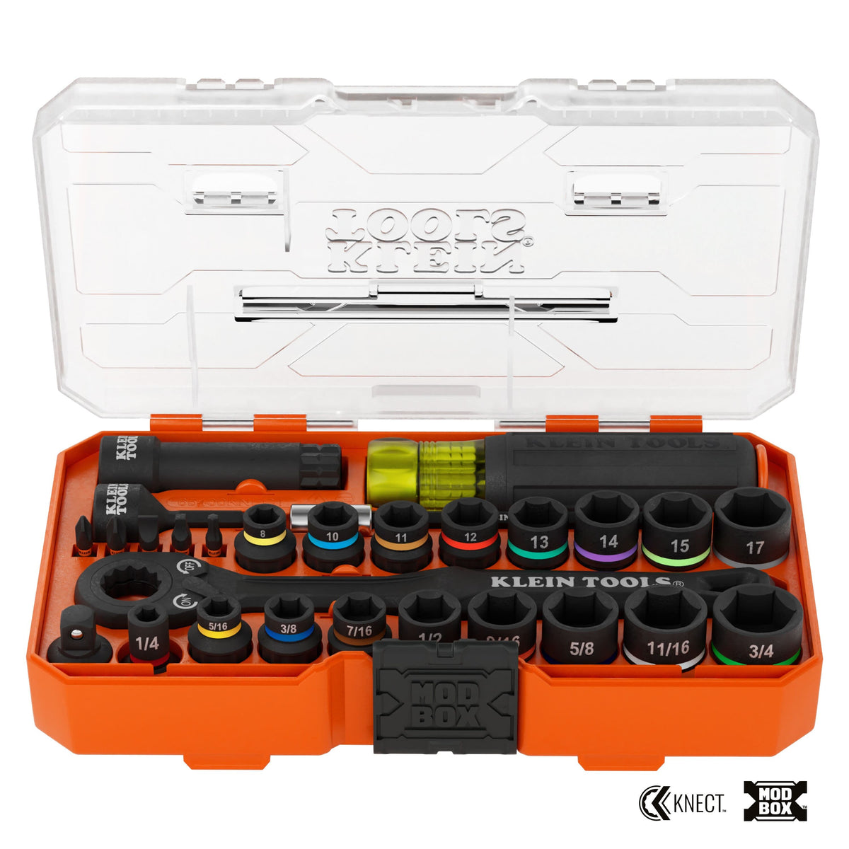 Klein Tools 65400KNECT 28-piece pass-through set arranged in an open MODbox case displaying SAE, metric sockets, ratchet, and handle.