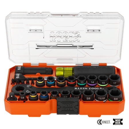 Klein Tools 65400KNECT 28-piece pass-through set arranged in an open MODbox case displaying SAE, metric sockets, ratchet, and handle.
