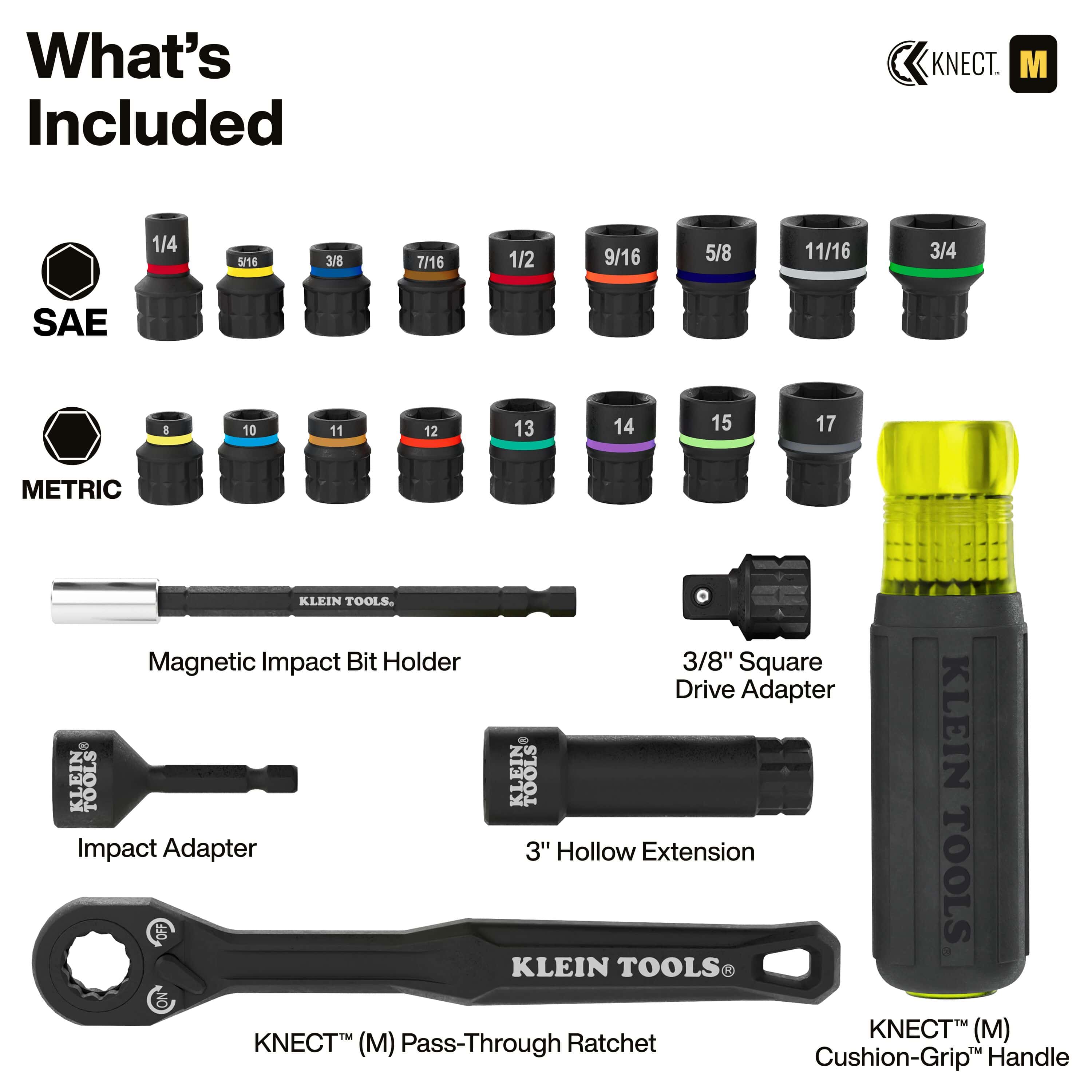 Diagram detailing included components in the Klein 65400KNECT set, including SAE and metric sockets, adapters, ratchet, and hollow handle.