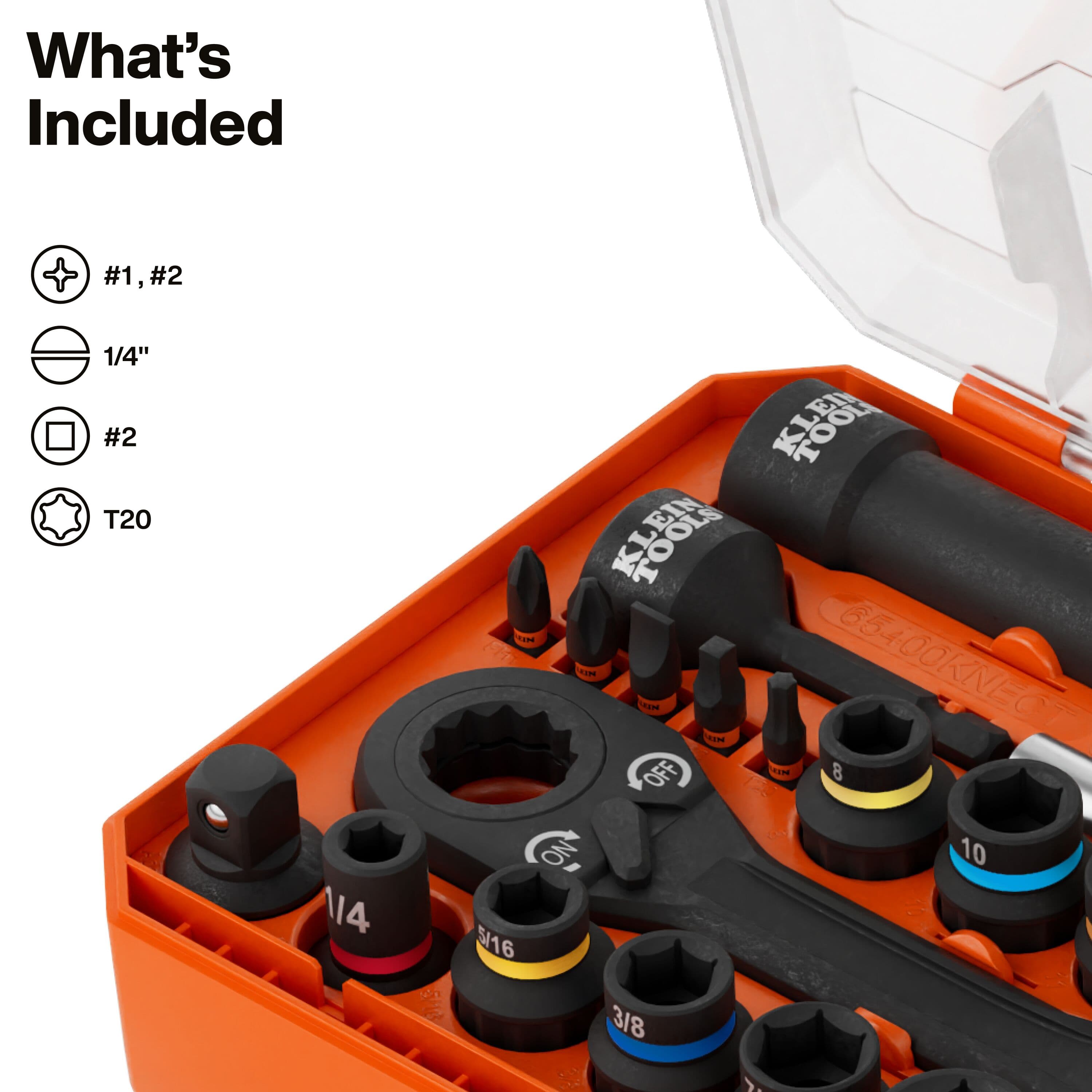 Close-up diagram of the Klein 65400KNECT storage tray displaying 1/4 to 3/8-inch sockets, chicklet bits, and square drive adapters.