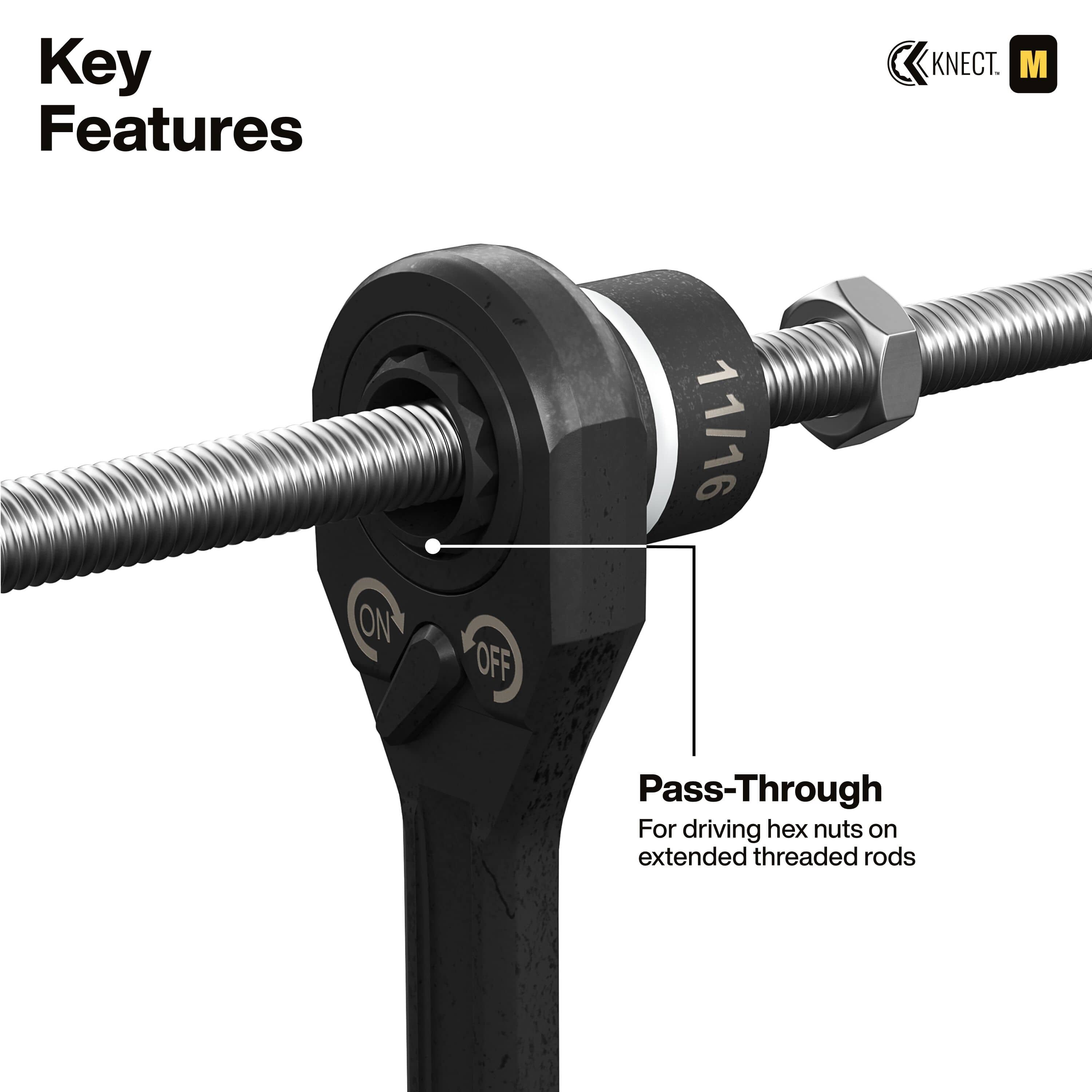 Diagram demonstrating the Klein pass-through ratchet sliding over a long 11/16-inch threaded rod to drive nuts without bottoming out.