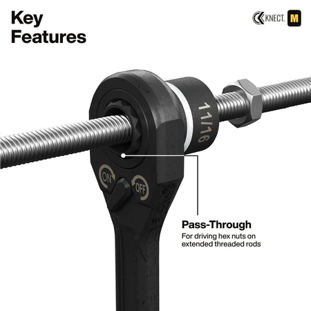 Diagram demonstrating the Klein pass-through ratchet sliding over a long 11/16-inch threaded rod to drive nuts without bottoming out.