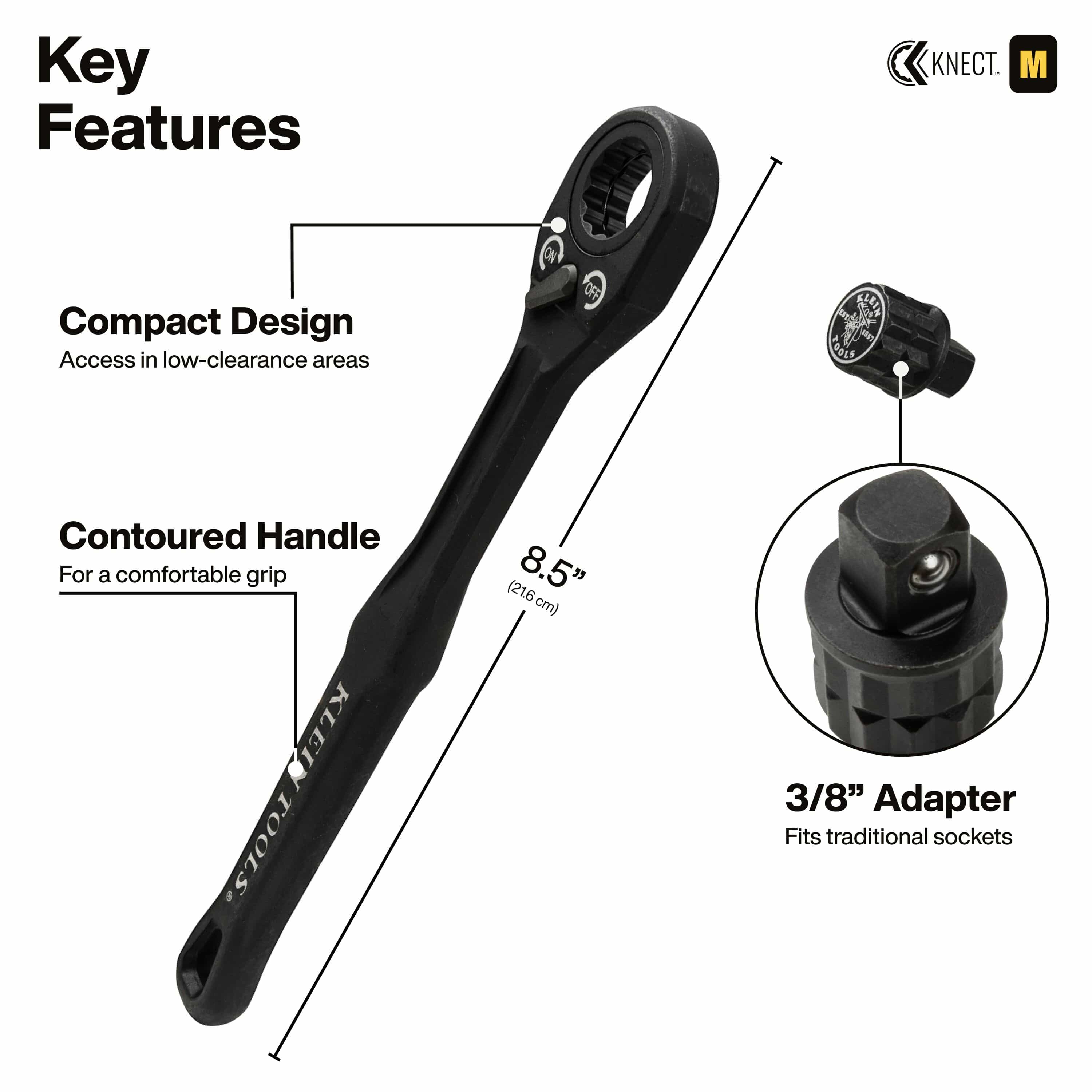 Diagram detailing key features of the Klein 8.5-inch pass-through ratchet, including low-profile head geometry and 3/8-inch square adapter.