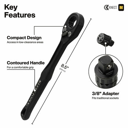 Diagram detailing key features of the Klein 8.5-inch pass-through ratchet, including low-profile head geometry and 3/8-inch square adapter.