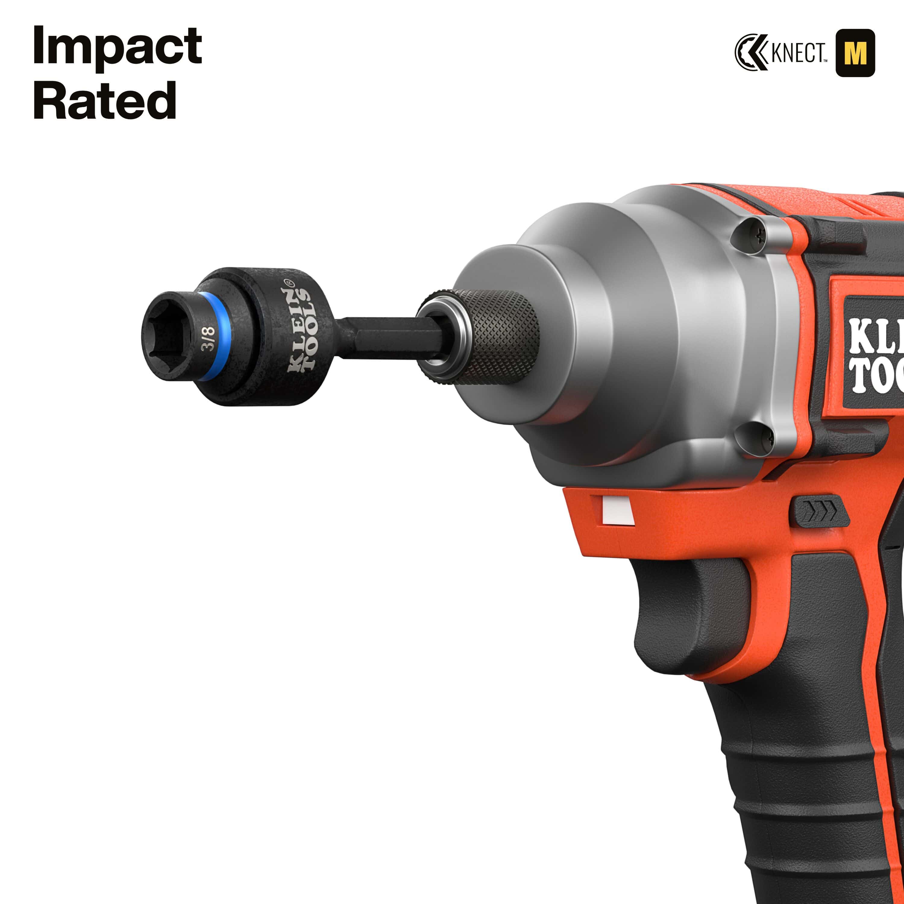 Impact driver equipped with a Klein 65400KNECT impact adapter and 3/8-inch pass-through socket for high-torque nut driving.