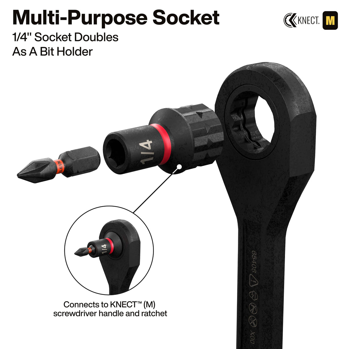Diagram demonstrating how the Klein 1/4-inch pass-through socket converts into an insert bit holder for screwdriver applications.
