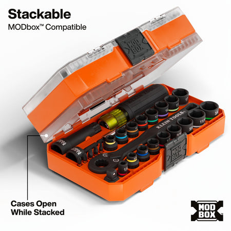 Klein 65400KNECT MODbox clear-lid storage cases stacked together, illustrating how lids open independently while remaining connected.