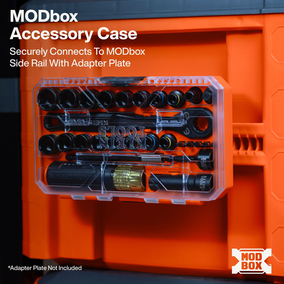 Klein Tools MODbox accessory case mounted vertically onto a main MODbox toolbox side rail for jobsite storage access.