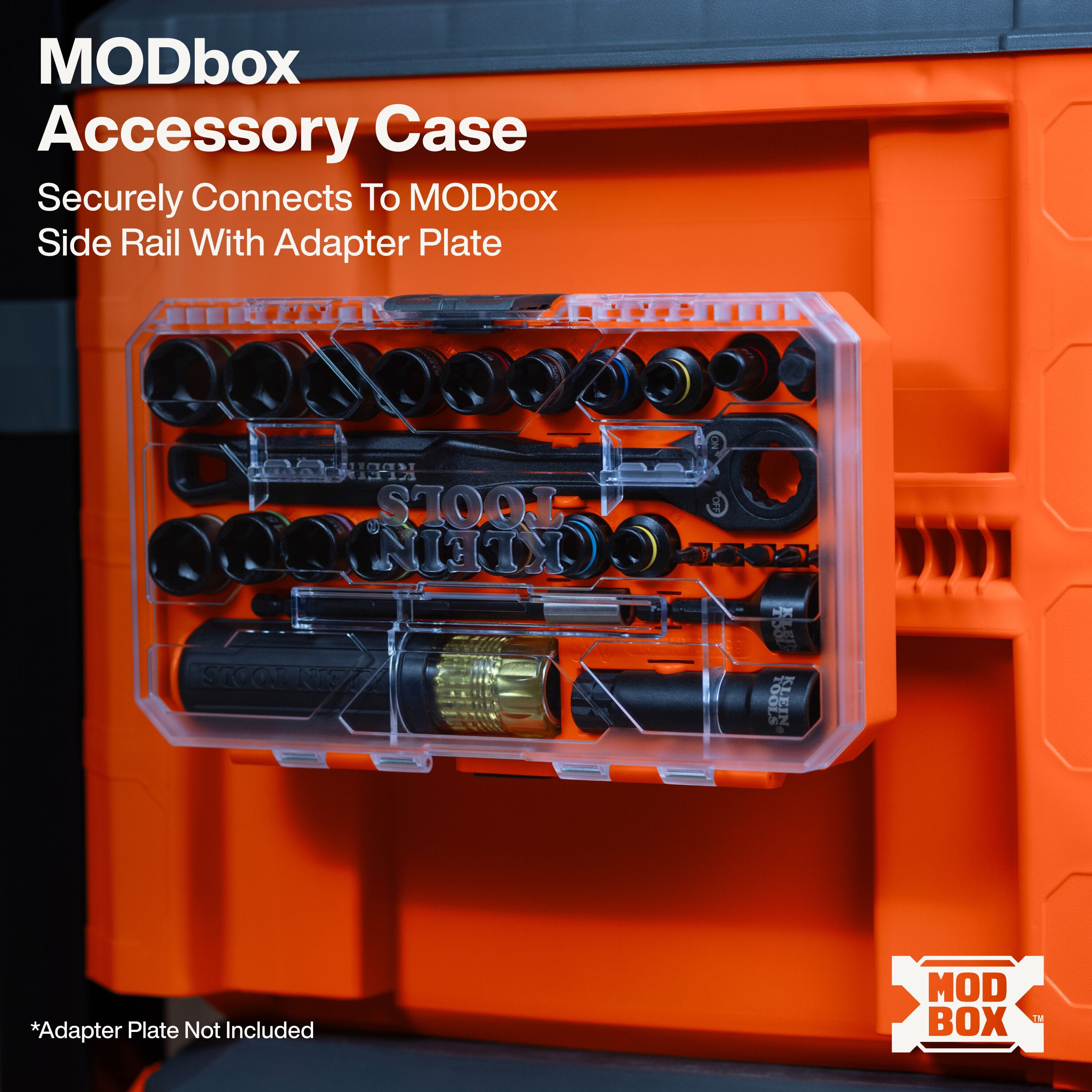 Klein Tools MODbox accessory case mounted vertically onto a main MODbox toolbox side rail for jobsite storage access.