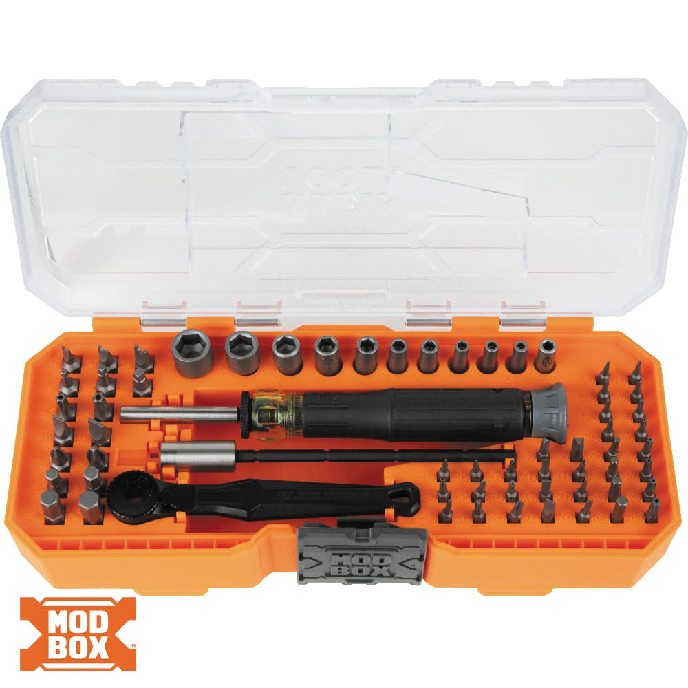 Open MODbox system case displaying the Klein 32787 set with 60 bits, micro-ratchet, extension, and Cushion-Grip screwdriver.