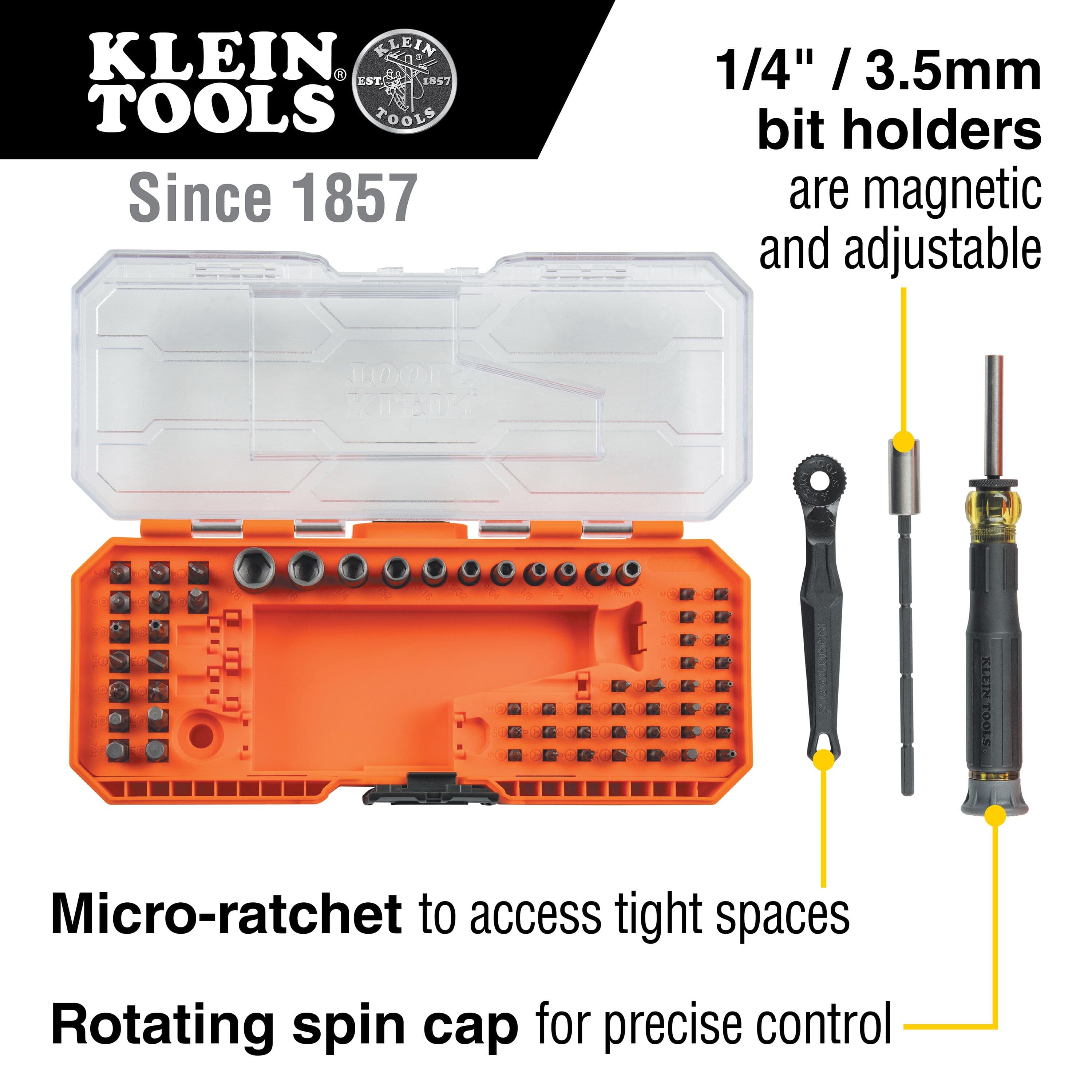 Diagram highlighting 1/4-inch and 3.5 mm magnetic bit holders, low-profile micro-ratchet, and rotating spin cap screwdriver handle.