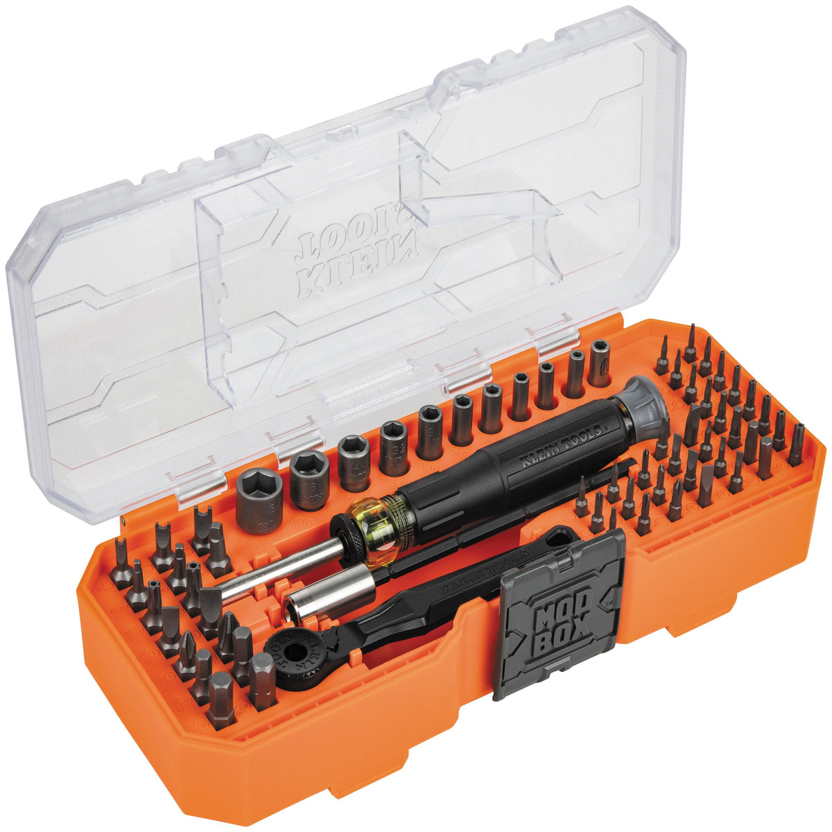 Perspective view of the open Klein 32787 MODbox case organizing precision bits, nut drivers, micro-ratchet, and driver handle.