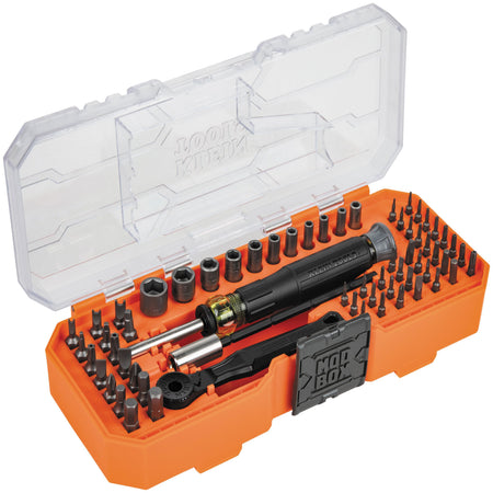 Perspective view of the open Klein 32787 MODbox case organizing precision bits, nut drivers, micro-ratchet, and driver handle.