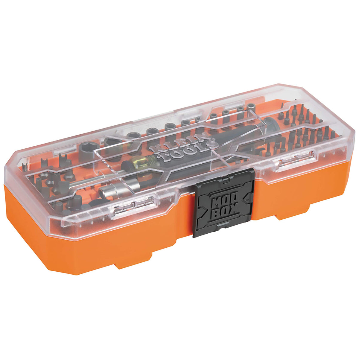 Closed Klein MODbox precision driver case showing clear lid layout and interlocking side latch for modular system stacking.