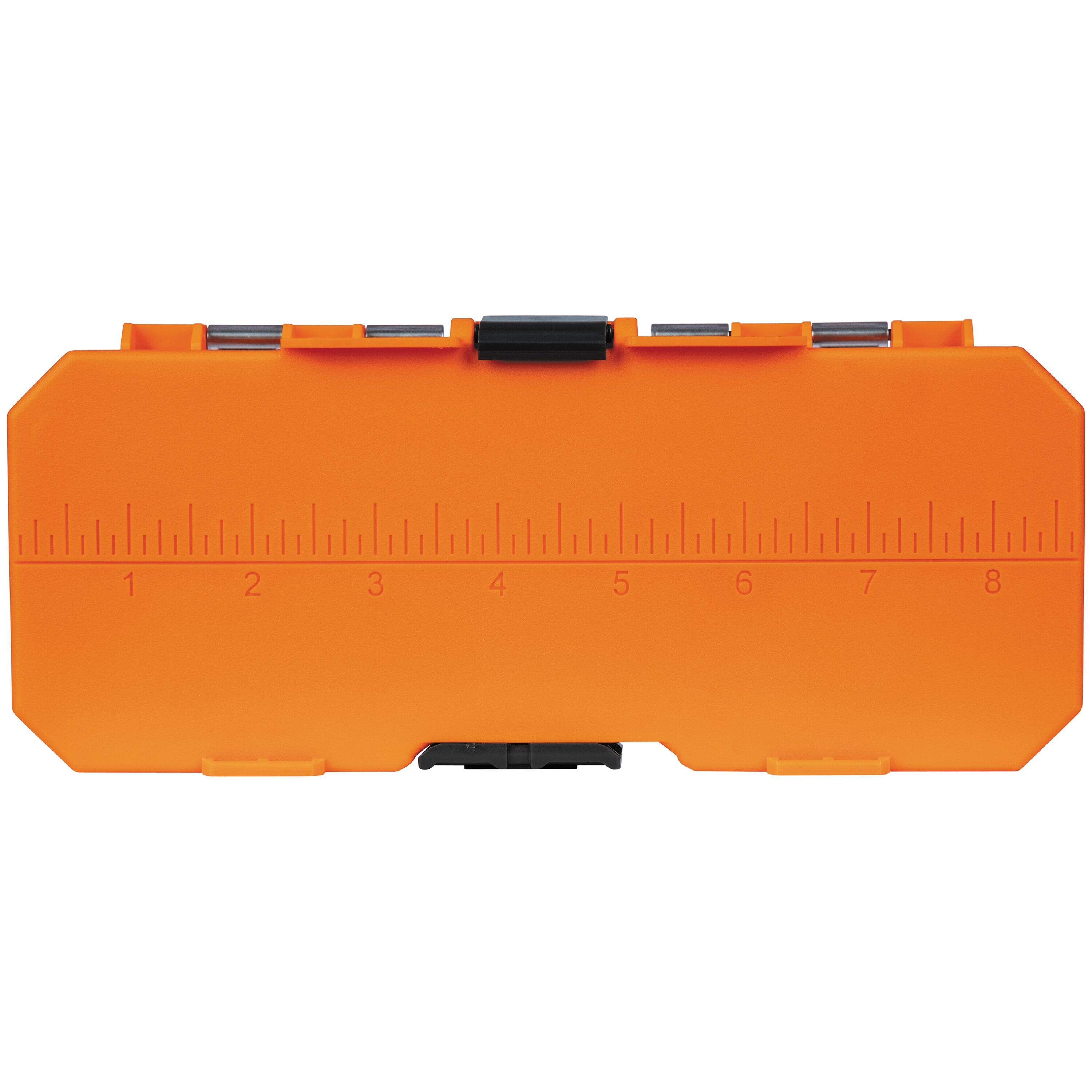 Molded ruler on the bottom of the Klein MODbox driver case measuring up to 8 inches for quick jobsite fastener checking.