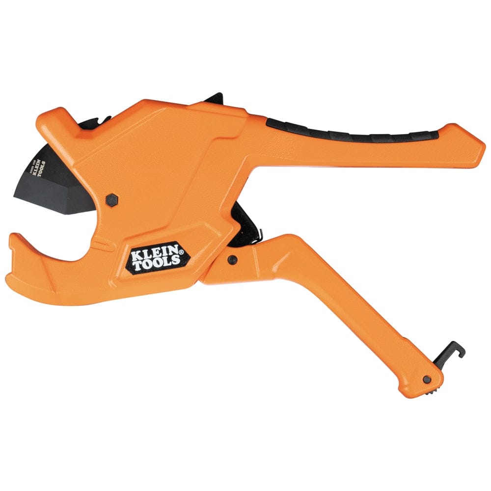 Klein Tools 50044 precision ratcheting PVC pipe cutter featuring a durable orange body, black heat-treated steel blade, and ergonomic comfort grip handle for heavy-duty plumbing and irrigation tasks.
