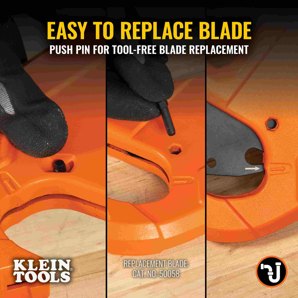 Three-step guide for tool-free blade replacement on the Klein Tools 50044, featuring a simple push-pin system and identifying the 50058 replacement blade part number.