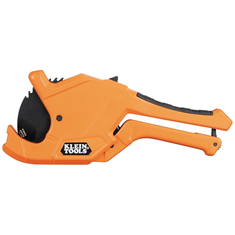 Side profile of the Klein Tools heavy-duty PVC cutter in a closed position, highlighting the ratcheting mechanism and the secure handle lock for safe storage in tool bags.