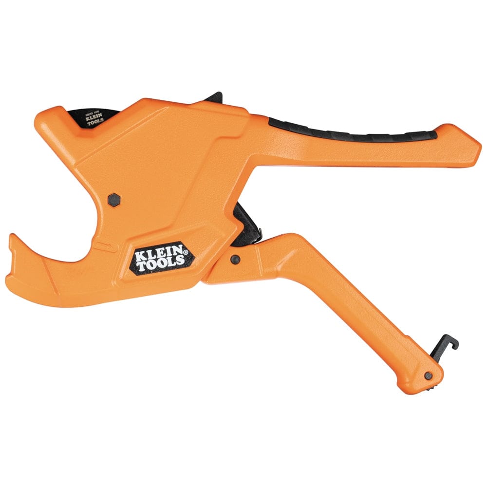 Fully extended view of the Klein Tools 50044 professional-grade ratcheting cutter, emphasizing the high-leverage handle design for cutting through thick-walled plastic piping with minimal effort.