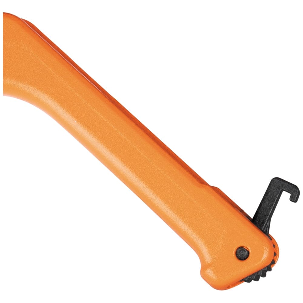 Close-up of the handle base on the Klein Tools 50044 pipe cutter, showing the integrated handle latch that keeps the tool compact and the blade protected when not in use.