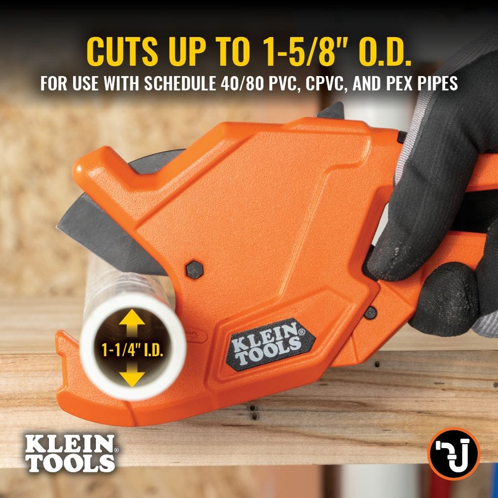 Infographic showing the Klein Tools 50044 cutting a 1-1/4 inch I.D. pipe, noting it can cut up to 1-5/8 inch O.D. schedule 40 and 80 PVC, CPVC, and PEX pipes.