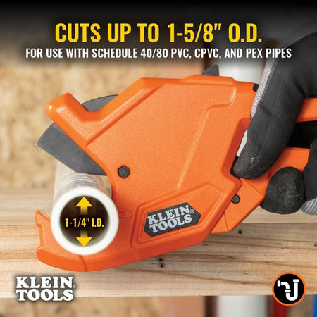 Infographic showing the Klein Tools 50044 cutting a 1-1/4 inch I.D. pipe, noting it can cut up to 1-5/8 inch O.D. schedule 40 and 80 PVC, CPVC, and PEX pipes.