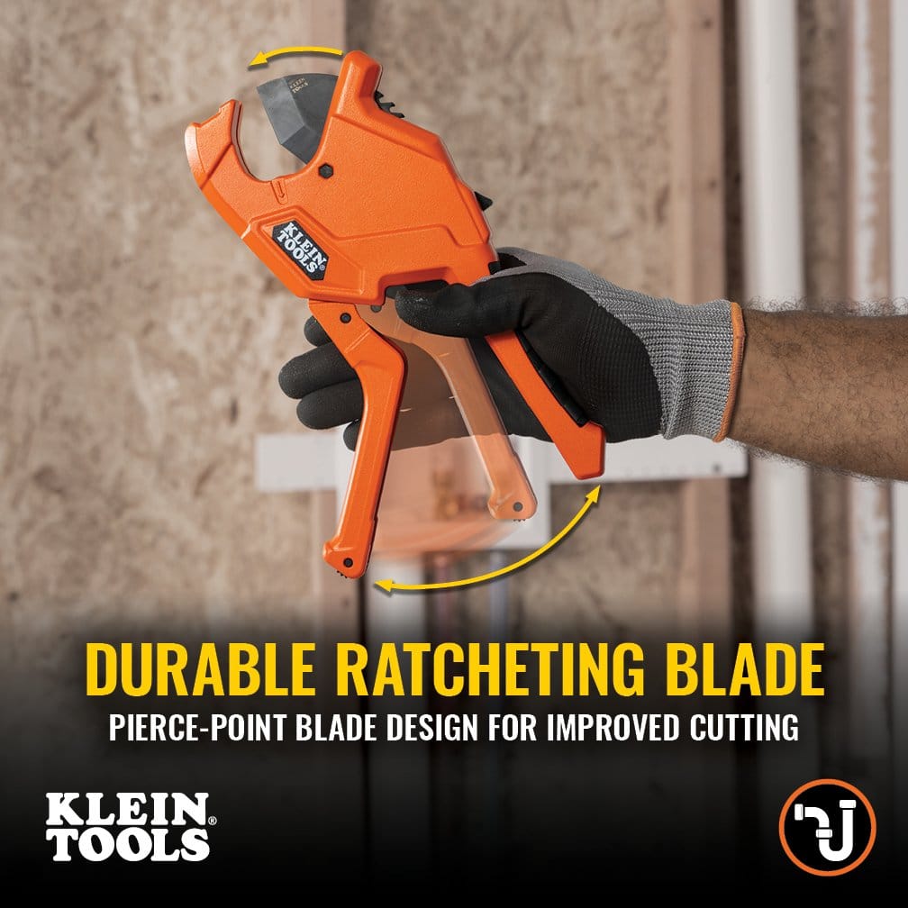 Action shot demonstrating the durable ratcheting blade and pierce-point design of the Klein Tools 50044, which provides improved cutting control and reduces pipe deformation.