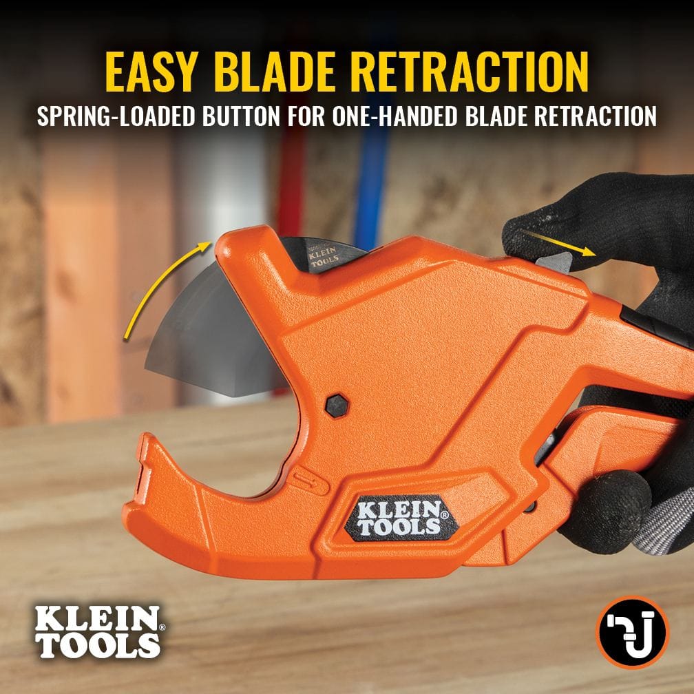 Instructional image showing the easy blade retraction feature on the Klein Tools 50044, utilizing a spring-loaded button for quick, one-handed operation on the job site.